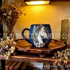 跨境宫廷风镶钻马头浮雕马克杯 轻奢华丽马术主题桌面杯