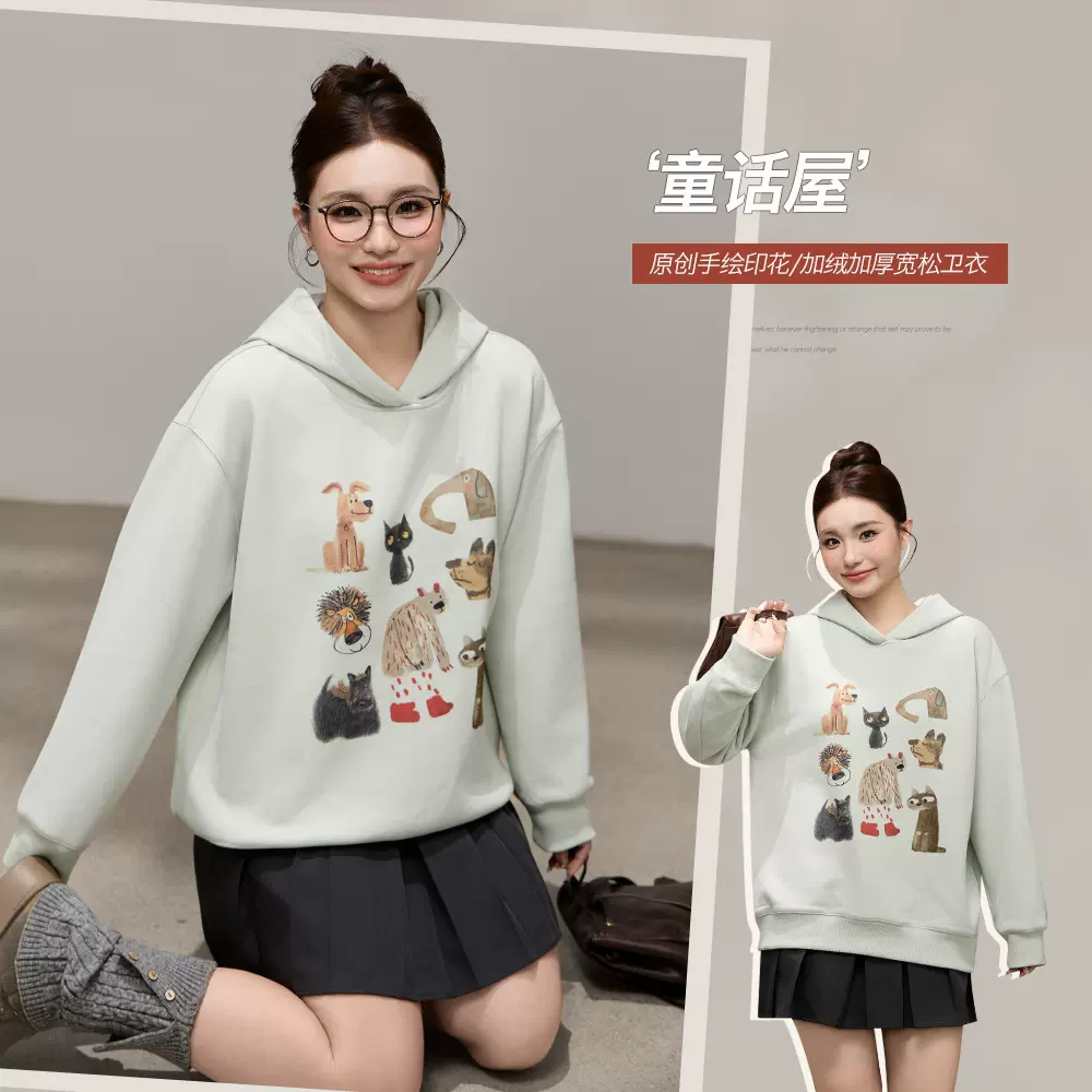 原创手绘印花俏皮连帽加绒卫衣冬胖mm大码女装宽松显瘦外套66091