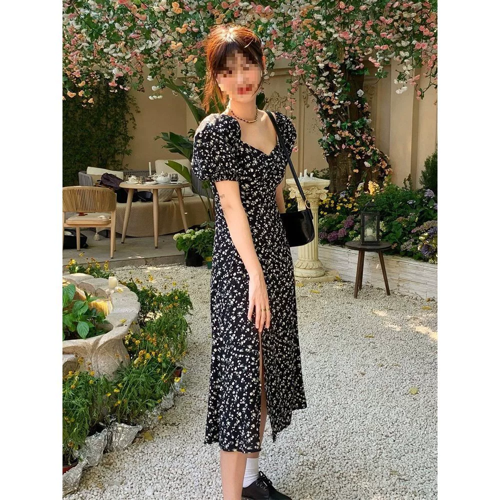 Черное цветочное платье с квадратным вырезом для женщин, лето 2025, новое, с завышенной талией, элегантное, с разрезом, длинная юбка