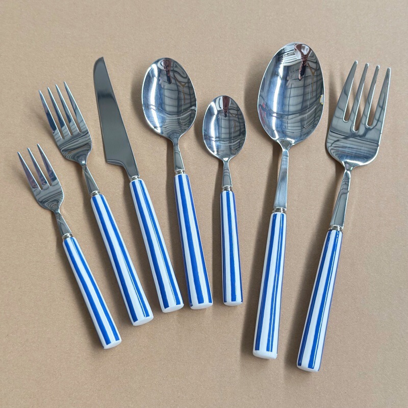 Creative Stripesd Ceramic Handle Tableware Stainless Steel Knife, Fork and Spoon Set Cross-Border 304 Food Grade Spoon Head