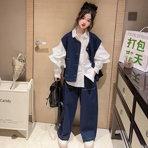 Girl's Set  Spring and Autumn New Arrival Big Kid Fashionable Loose Denim Vest Shirt Three-Piece Set