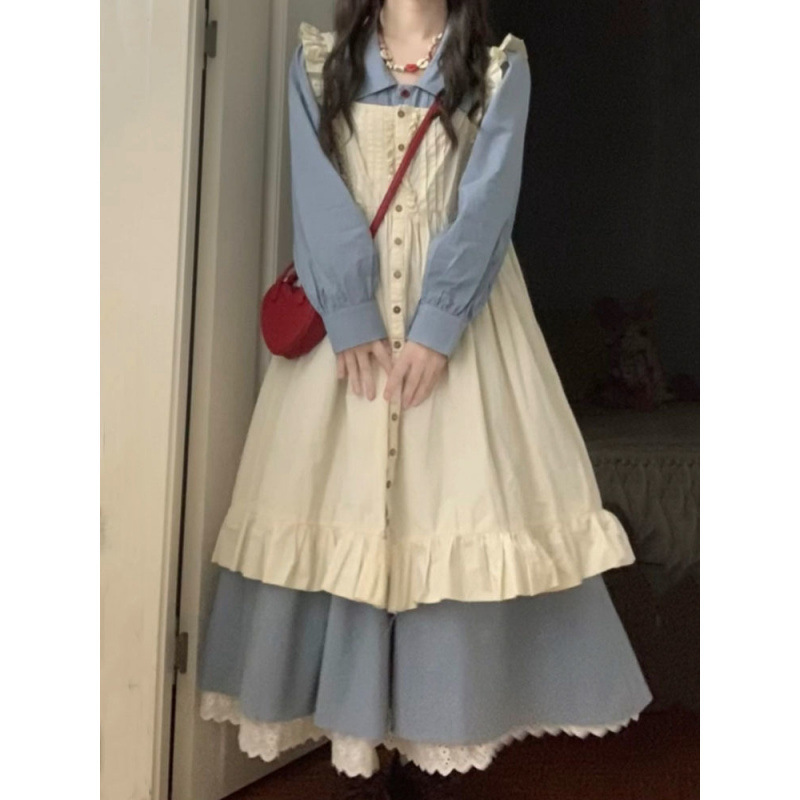 两件套秋季法式学院风设计感收腰显瘦连衣裙女学生+叠穿外搭罩裙|undefined