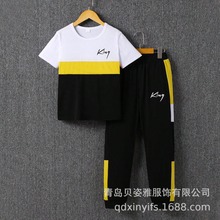 跨境 夏季男中大童拼黄色字母KING短袖加长裤套装休闲运动套装