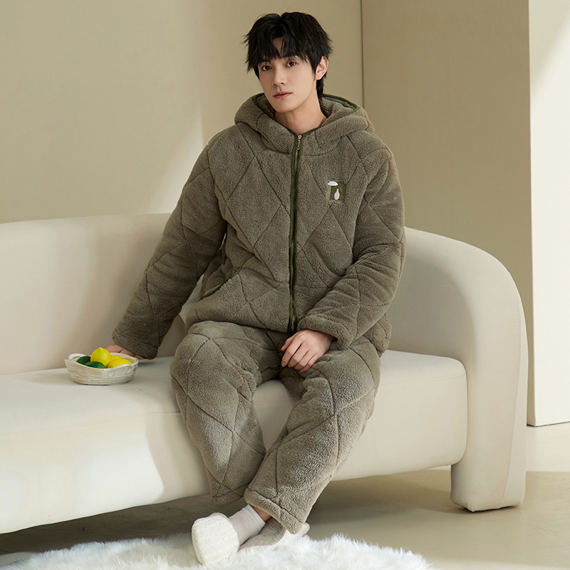 Winter New Thickeneded Velvet Coral Velvet Pajamas for Men Three-Layer Quilted Zipper Hooded Ultra-Thick Warm Home Clothes