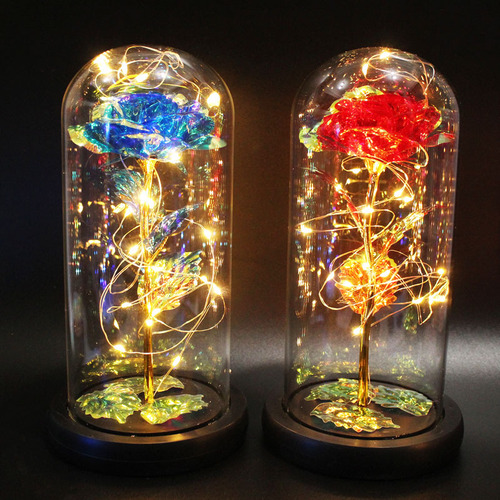 Everlasting flower LED lights gold rose trefoil dome glass cover Christmas mother Chinese Valentine's Day birthday gift