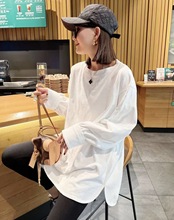 欧货白色纯棉长袖T恤女宽松大版中长款休闲百搭圆领打底衫上衣秋