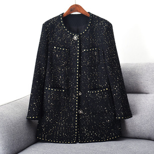 New large size long French style small fragrant style coat fat mm design loose round neck wool coat 200kg