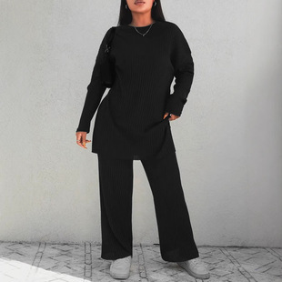 European and American foreign trade cross-border new two-piece fashion casual slimming round neck long sleeve solid color knitted suit