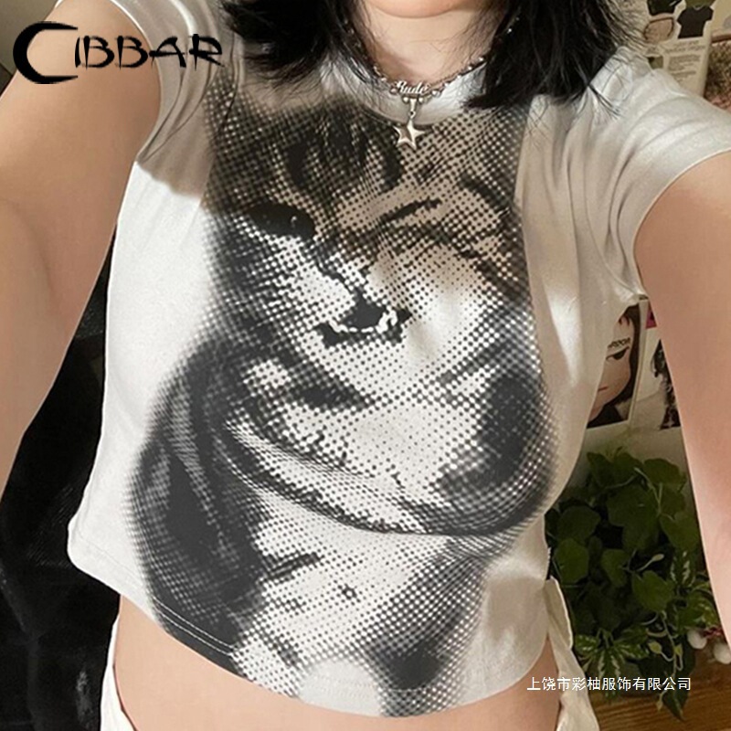 Harajuku Animal Cat 3D Printed Crop Top White Short-Sleeve Round Neck T-Shirt for Women Casual Slim Fit Cross-Border Supply