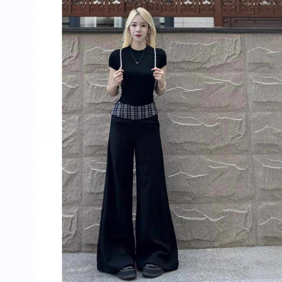 Black Plaid Splicing Casual Wide-Leg Pants for Women 2025 New Design High-Waisted Loose Slimming Look Draped Suit Pants