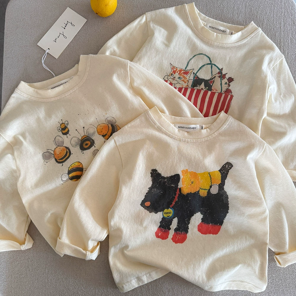 Детская футболка с мультяшным принтом, весна-осень 2025, новый стиль, майки для мальчиков, детская футболка с длинным рукавом, нижняя рубашка для девочек, женская футболка из чистого хлопка