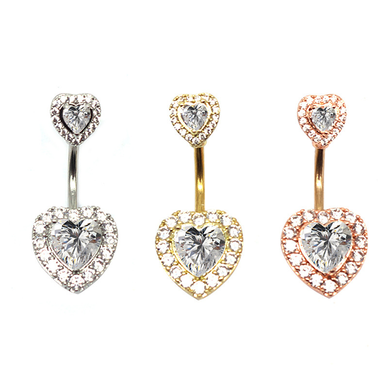 Doble amor europeo y americano transfronterizo anillo de ombligo de acero inoxidable en forma de corazón punción ombligo en forma de corazón clavo ombligo hebilla con incrustaciones de ZIRCON ombligo adornos