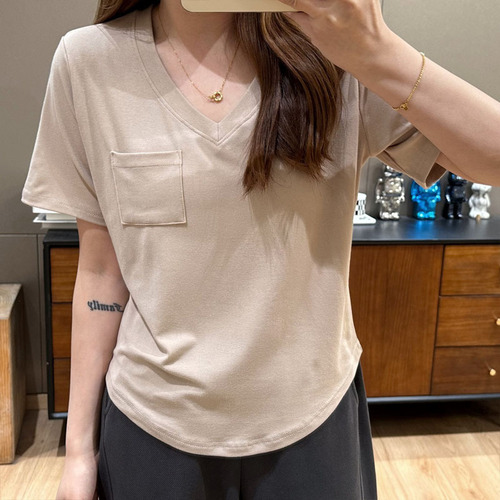 Korean Dongdaemun All-Match, Slimming, Loose T-Shirt for Women — Summer, Thin Design, V-Neck, Short-Sleeve Base Top, Trendy Tee