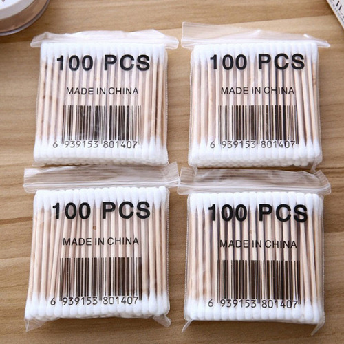 100 pieces of wooden stick cotton swabs, double-ended disposable sanitary tampons for ear removal, makeup removal and disinfection cotton swabs