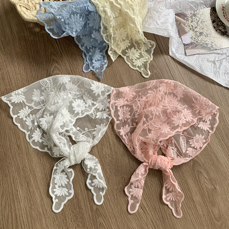 Bufanda triangular, pañuelo en la cabeza, niña de verano, nuevo estilo, protector para el cuello, bufanda pequeña, correa para el cabello dulce, cinta para el cabello, bufanda de seda de encaje, cintura
