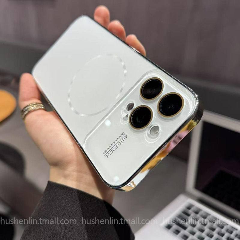 iPhone16promaxつや消しAG保護カバーに適した電気メッキオリジナルカラービッグウィンドウ細いサークル磁気携帯電話ケース|undefined