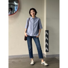蓝色纯棉条纹短袖衬衫女5新夏季薄翻领衬衣休闲衣香云纱露肩