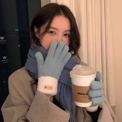 冬季韩版ins五指触屏毛线手套女保暖骑行加厚双层触屏手套批发