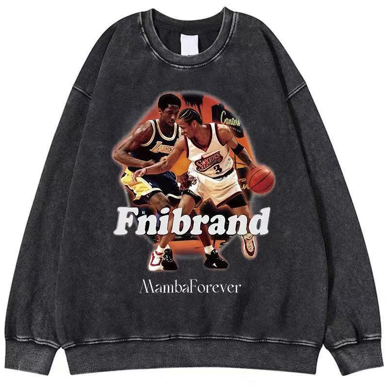 Kobe Iverson American Style Retro Washed Printed Sweater Round Neck Pullover Loose Casual Autumn and Winter Long Sleeve Outer