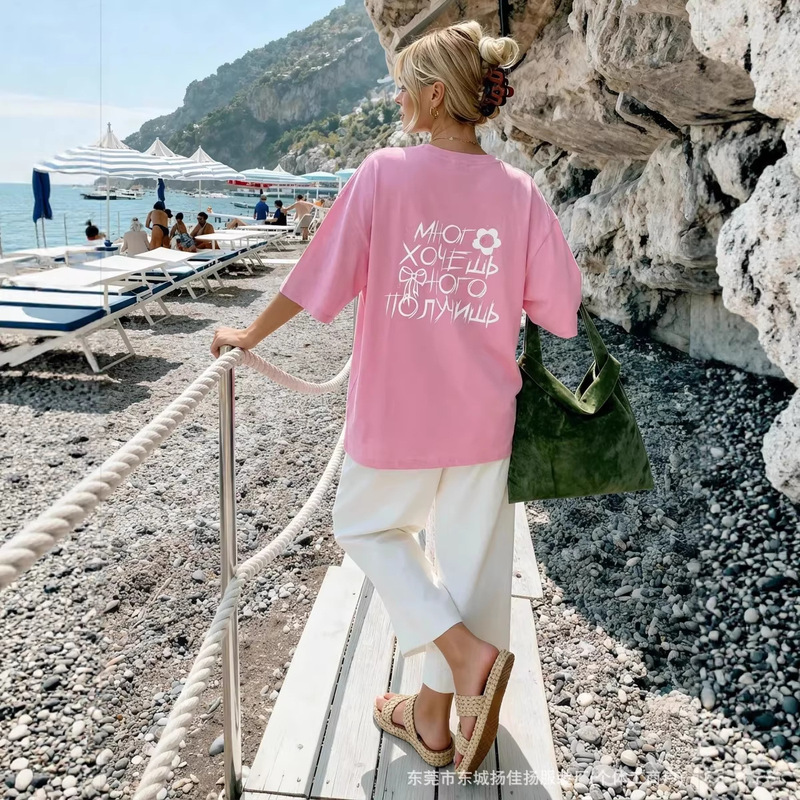 Summer European and American Style Sweet and Fun Youthful Comfortable Pink T-Shirt with a Stylish Design, Pure Cotton Short-Sleeve Chic Top