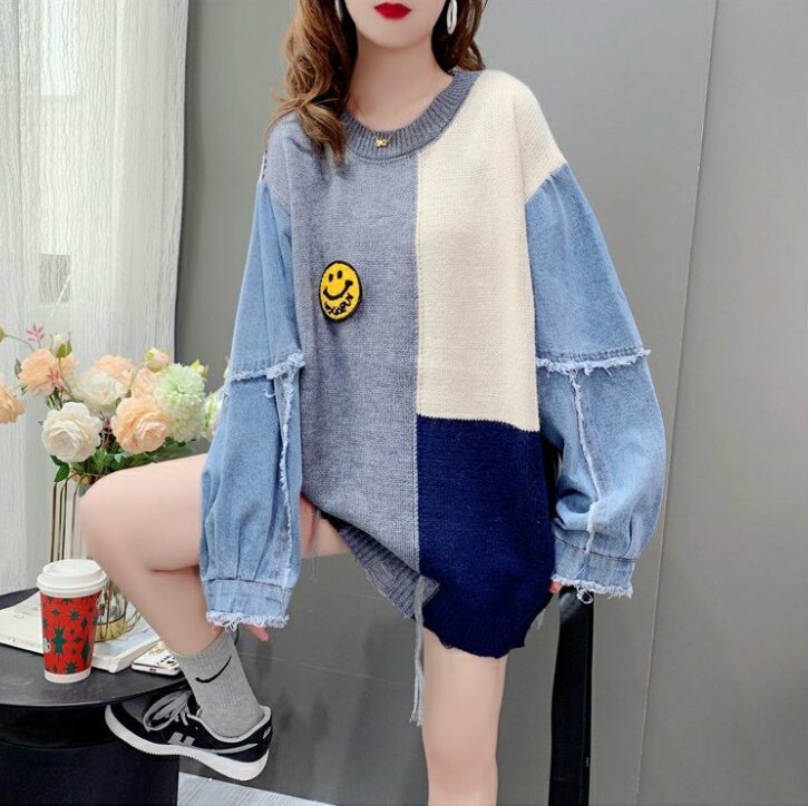 Women's Sweater Autumn and Winter Color-Blocking Korean Style Wholesale Patchwork Knitwear Design Loose Casual Pullover Women's Sweater Autumn and Winter Color-Blocking Korean Style Wholesale Patchwork Knitwear Design Loose Casual Pullover