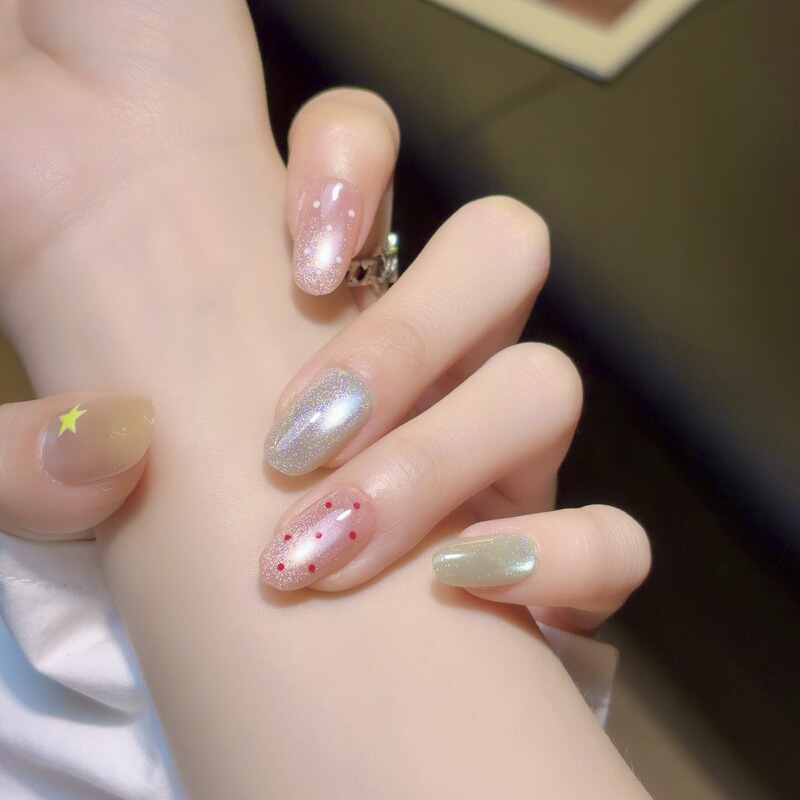 Caita-[Summer Sparkling Water] Purely Handmade Wearable Nails in Nude Color with Cat-Eye Pearls and Crushed Diamonds, Light Luxury Style, Versatile and Beautiful