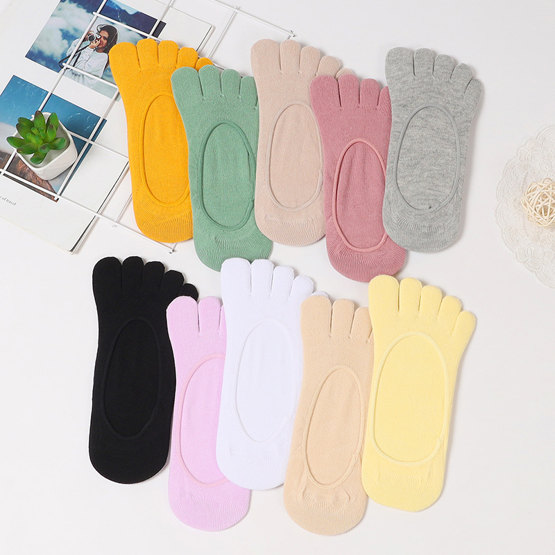 Summer New Invisible Five-Finger Socks for Women, Crew Socks, Solid Color Cotton Socks, Silicone Non-Slip, Low-Cut Socks, Toe-Split Socks