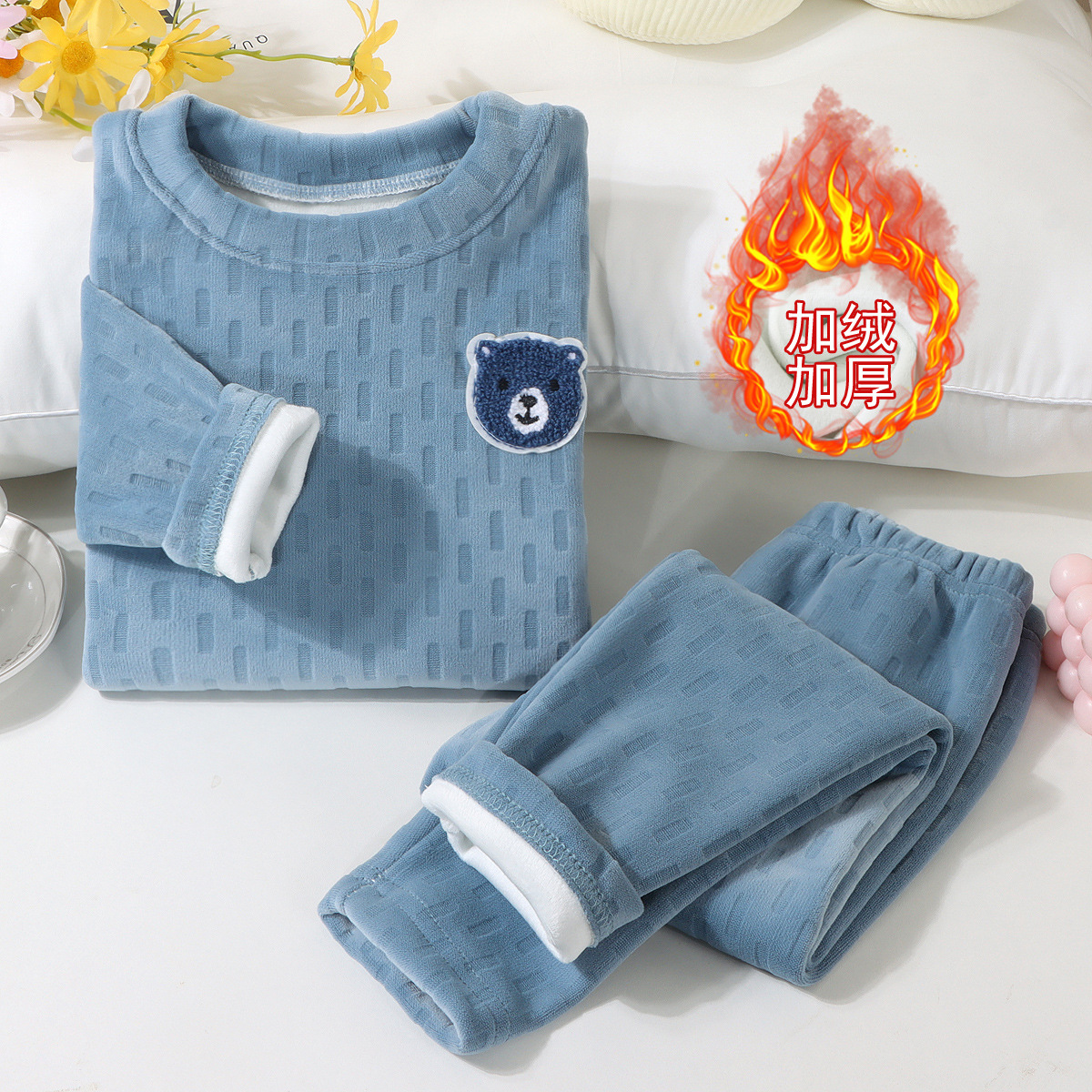 Set de ropa interior para niños 2025 otoño y invierno más tercife engrosado set de calentamiento para bebés cómodos ropa para el hogar chaqueta de otoño pantalones de otoño