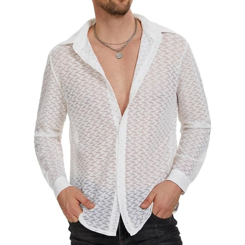 Amazon's New Men's Lace See-Through Shirt Sexy Hollow Mesh Long-Sleeved Shirt Casual Top