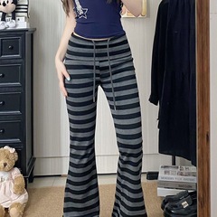 女性用黒と白のストライプの巾着カジュアルパンツ、夏用マイクロフレアパンツ、スリムストレートパンツ、ハイウエストフロアレングスパンツ
