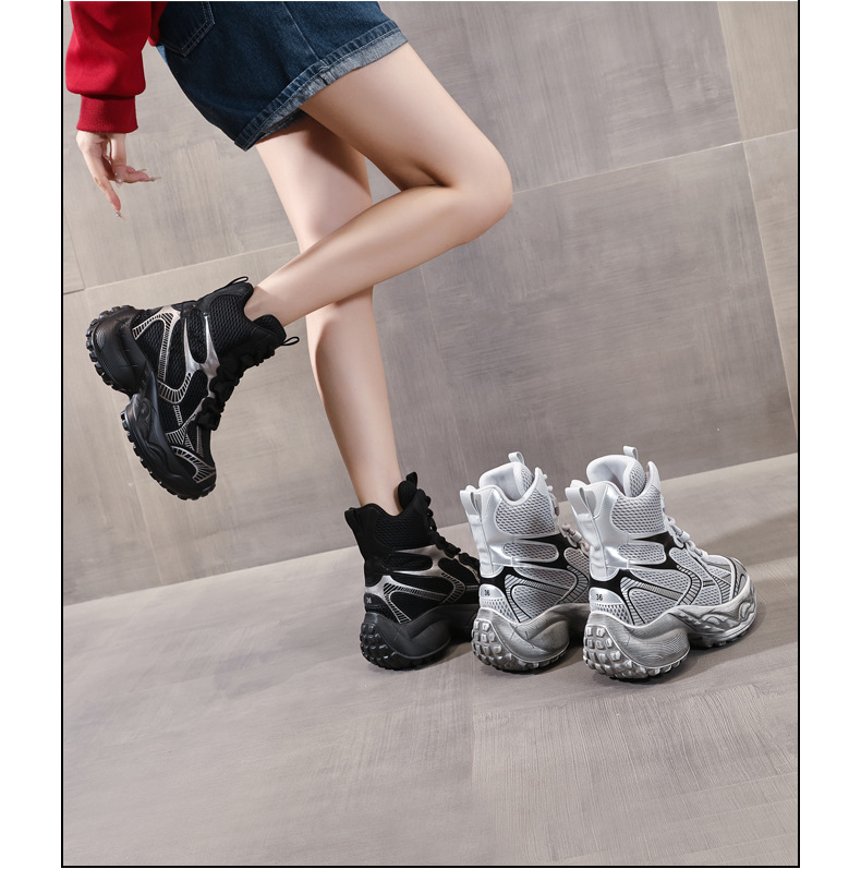 Giày thể thao nữ cao cổ lưới đế dày tăng chiều cao siêu mềm kiểu dáng bố — màu đen chi tiết 17