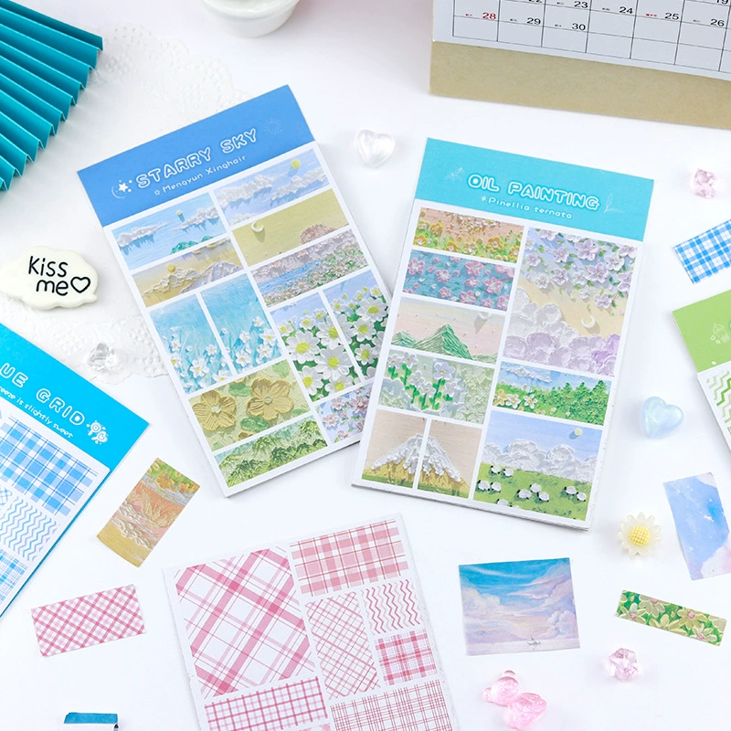 Наклейка для ручного счета в клетку для простой девушки, базовая граница, пейзаж, картина маслом, декоративный материал, наклейка в наличии, логотип