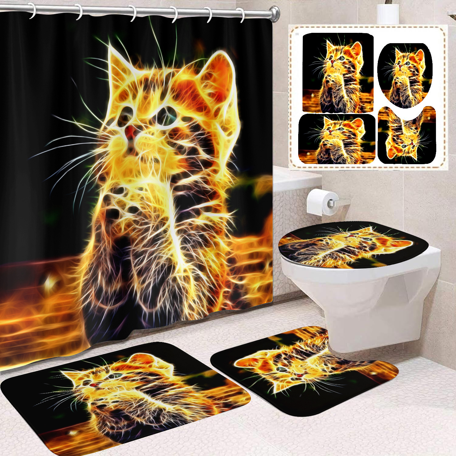Fuente de fabricantes Amazon animales gatos niños cortina de ducha impermeable a prueba de moho cortina de ducha inodoro partición de baño divertido