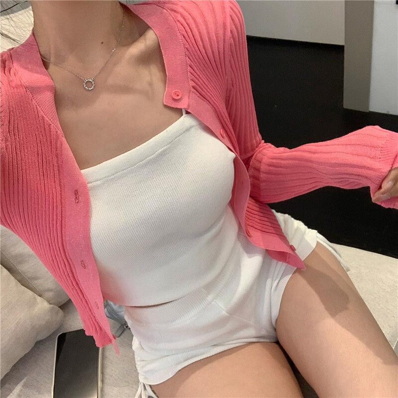 Wholesale In-Stock Summer Spicy Girl Ice Silk Knitted Long-Sleeve Cardigan Sun Protection Air Conditioning Shirt Short Jacket Pure Desire Top