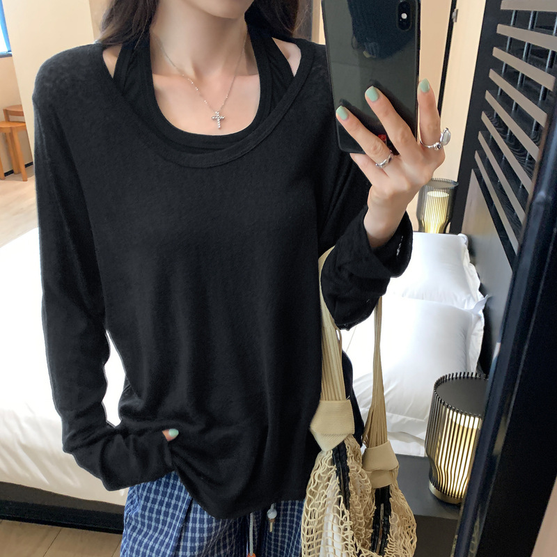 慵懒松弛感撞色假两件长袖T恤女夏季薄款微透叠穿宽松防晒衫上衣|undefined