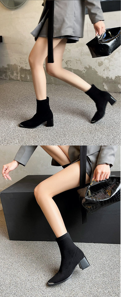 Bốt nữ ngắn mũi vuông gót dày 7 cm chất liệu da lộn phối cashmere — màu nâu, đen chi tiết 9