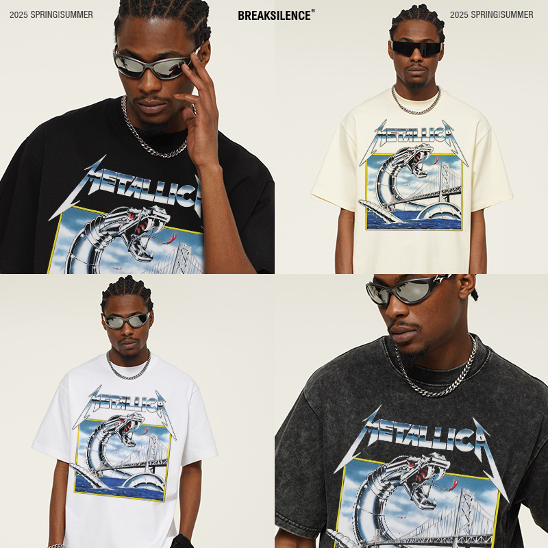 Spring and Summer 2025 New METALLICA Metal White Dragon vintage Rock Short-sleeved T-shirt for Men and Women Heavy Washed Spring and Summer 2025 New METALLICA Metal White Dragon vintage Rock Short-sleeved T-shirt for Men and Women Heavy Washed