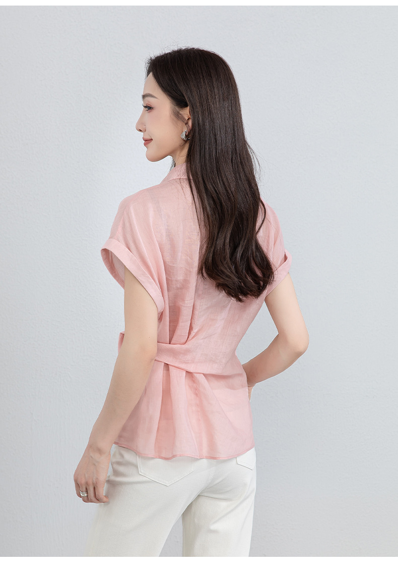 Áo sơ mi nữ không tay cổ bẻ dây rút chất liệu ramie thoáng mát — Màu hồng chi tiết 28