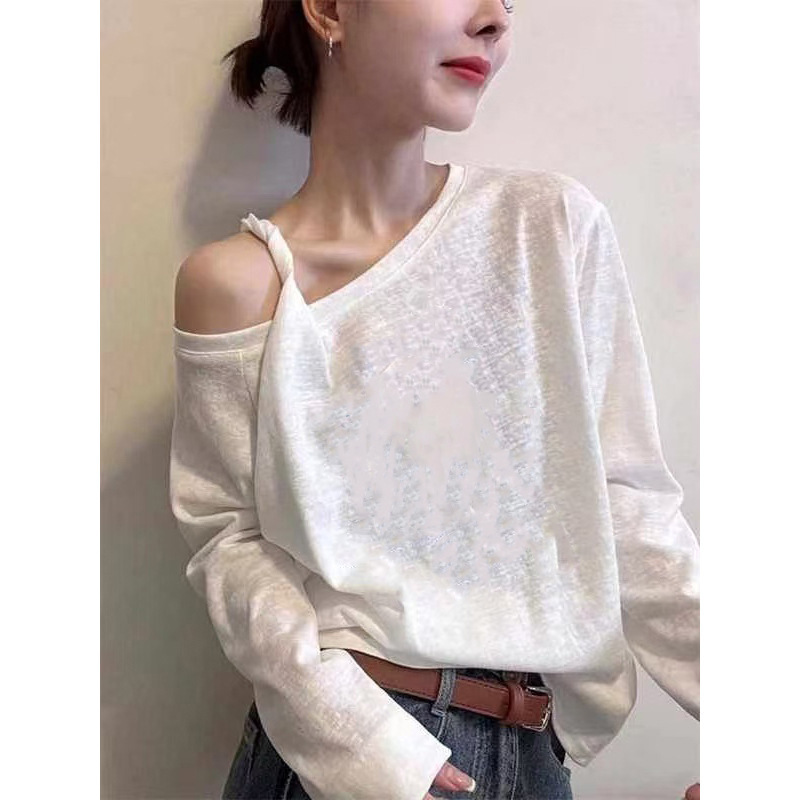 White Sloping Shoulder Off-Shoulder Long-Sleeved T-Shirt for Women Early Autumn Korean Style Loose Slimming Look Inner Layering Shirt Design Top