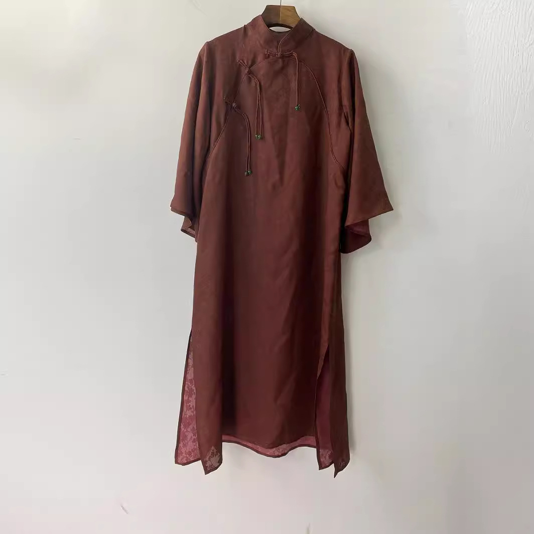 Elegant Women's Summer New National Style Silk Stand Collar Buttoned Mulberry Silk Long Dress with Batwing Sleeves and Floral Design