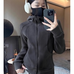 2025 新しいスリムフィットハイエンドフード付きスウェットシャツ女性の秋と冬の両面オーリーフリースウエストジッパーカーディガンジャケット女性