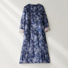 国风斜襟棉麻印花改良旗袍连衣裙大码女装冬季中式长袖开叉棉裙冬