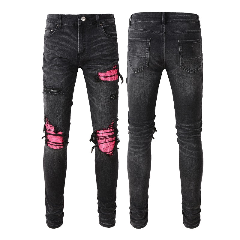 Herrenbekleidung Marke bunte elastische heiße Diamant zerrissene Jeans Männer High Street Slim Fit Röhrenjeans_voghion.com