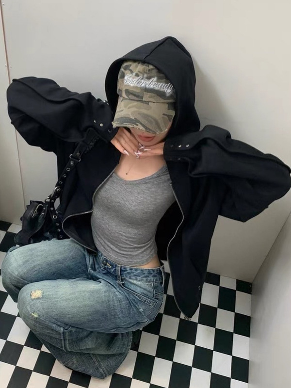 SUNONEON 设计感铆钉宽松连帽卫衣外套女早秋季新美式开衫衣|undefined