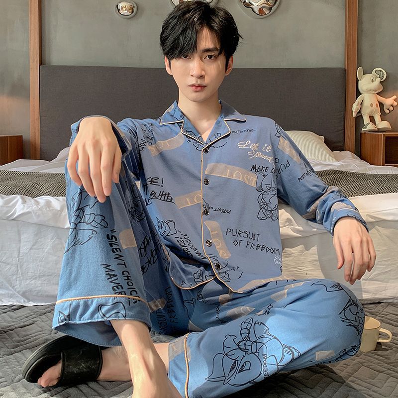 100% pijamas de algodón de manga larga de los hombres más el tamaño de los hombres de verano conjunto de dos piezas de primavera y otoño de los hombres traje de desgaste para el hogar