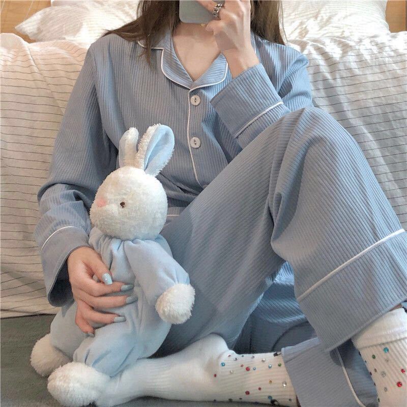 잠옷 여성의 가을과 겨울 새로운 면 INS 스모그 블루 귀여운 달콤한 간단한 긴 소매 세트 외부 의류