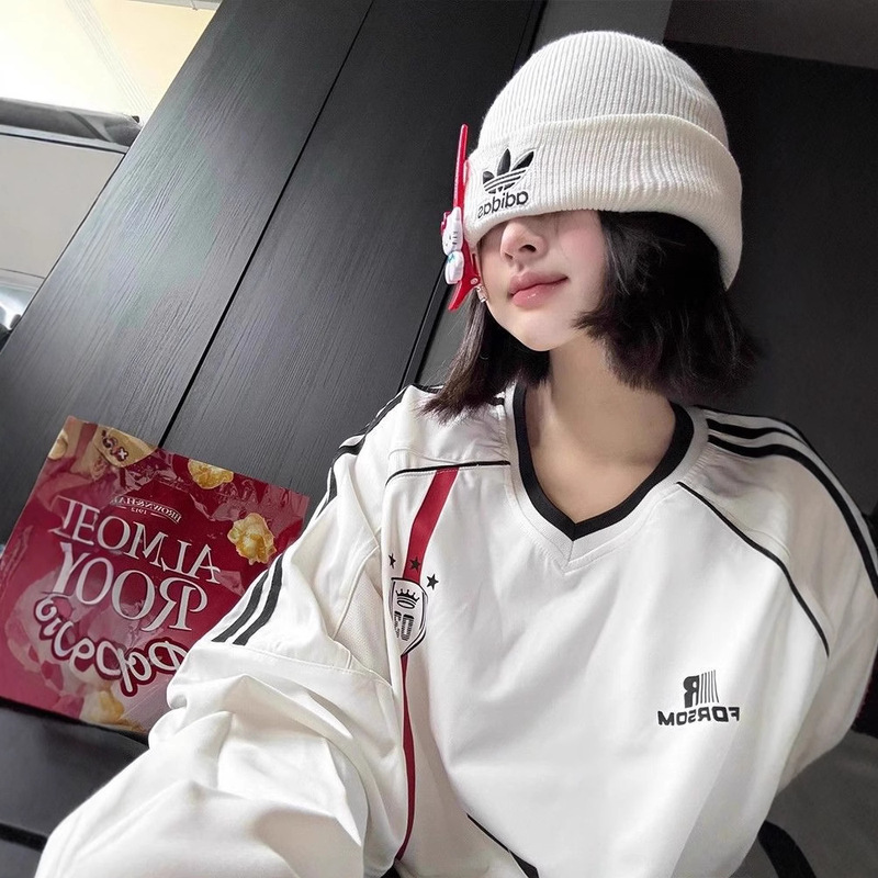 American-style Retro Sports Contrast Color V-neck Long-sleeved T-shirt Women's Early Spring Design Sense Niche Casual Loose Jersey Top