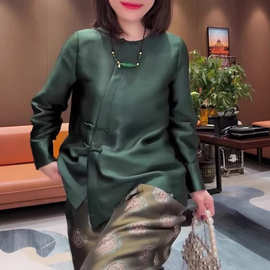 绿色圆领长袖衬衣女2025春季新款新中式国风复古设计减龄大码上衣