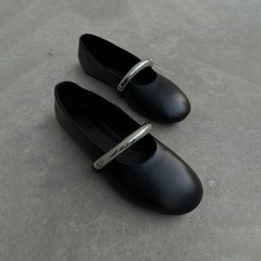 牛皮版~真皮一字帶金屬淺口單鞋女平底芭蕾舞法式瑪麗珍女鞋