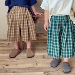 佳葉新款夏裝2024男童棉麻格子褲女寶寶寬鬆直筒褲闊腿褲七八分褲